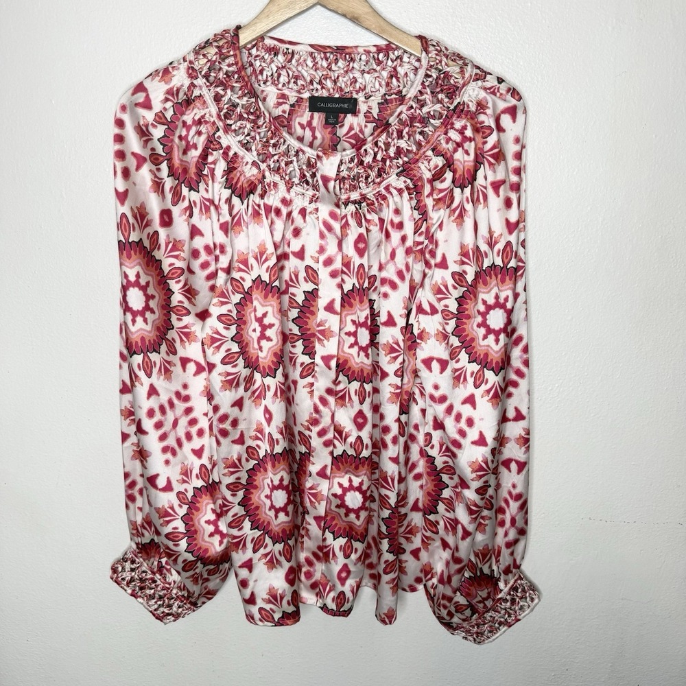 New Calligraphie Satin Floral Red Pink White‎ Button Up Blouse Womens Large